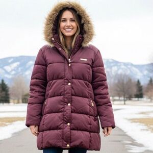 COOGI Womens Size 2X Burgundy Long Puffer Coat Faux Fur Hood Winter Jacket Y2K